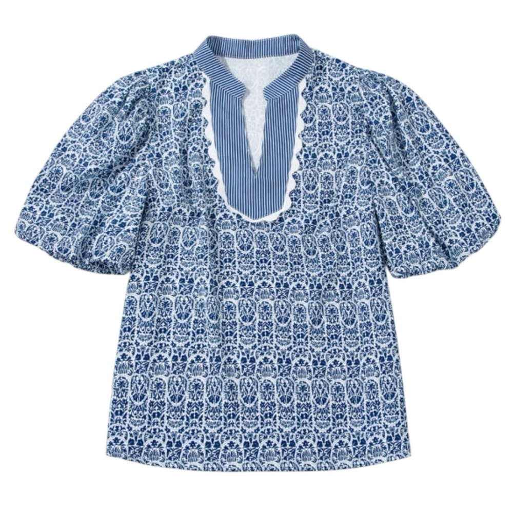 Blue and White Floral Striped Contrast Print Patterned Blouse